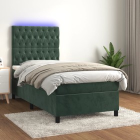 Box spring bed with mattress and LED dark green velvet 100x200cm by vidaXL, Beds and slatted bases - Ref: Foro24-3136290, Pri...