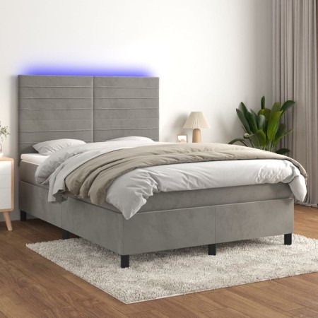 Box spring bed with mattress and LED light gray velvet 140x190 cm by vidaXL, Beds and slatted bases - Ref: Foro24-3136179, Pr...