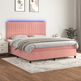 Box spring bed with mattress and LED pink velvet 160x200 cm by vidaXL, Beds and slatted bases - Ref: Foro24-3136256, Price: 5...