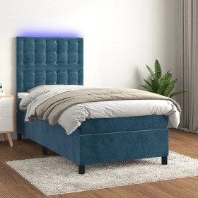 Box spring bed with mattress and LED dark blue velvet 90x200 cm by vidaXL, Beds and slatted bases - Ref: Foro24-3136345, Pric...