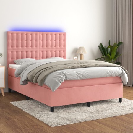 Box spring bed with mattress and LED pink velvet 140x190 cm by vidaXL, Beds and slatted bases - Ref: Foro24-3136364, Price: 5...