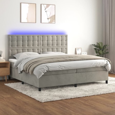 Box spring bed with mattress and LED light gray velvet 200x200 cm by vidaXL, Beds and slatted bases - Ref: Foro24-3136383, Pr...