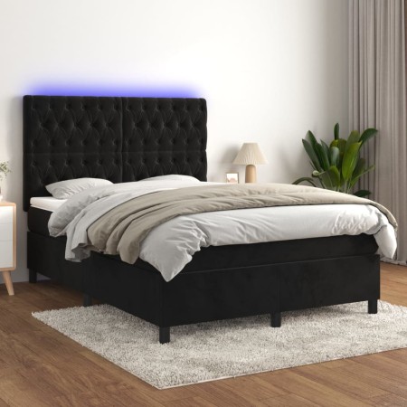 Box spring bed with mattress and LED black velvet 140x190 cm by vidaXL, Beds and slatted bases - Ref: Foro24-3136301, Price: ...