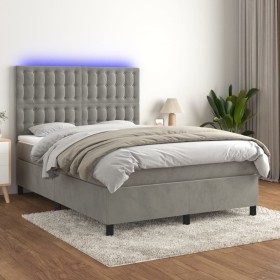 Box spring bed with mattress and LED light gray velvet 140x190 cm by vidaXL, Beds and slatted bases - Ref: Foro24-3136359, Pr...