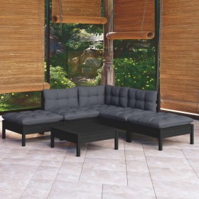 Muebles de jardín 6 pzas con cojines negro madera de pino de vidaXL, Conjuntos de jardín - Ref: Foro24-3096320, Precio: 526,0...