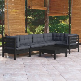 Muebles de jardín 6 pzas con cojines negro madera de pino de vidaXL, Conjuntos de jardín - Ref: Foro24-3096392, Precio: 565,2...