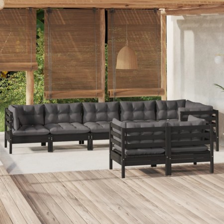 Muebles de jardín 8 pzas y cojines negro madera maciza de pino de vidaXL, Conjuntos de jardín - Ref: Foro24-3096506, Precio: ...