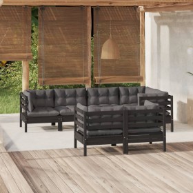 7-piece garden furniture set with black cushions, made of solid pine wood. by vidaXL, Garden sets - Ref: Foro24-3096494, Pric...