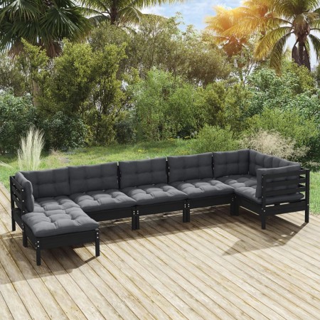 Muebles de jardín 7 pzas con cojines negro madera maciza pino de vidaXL, Conjuntos de jardín - Ref: Foro24-3096554, Precio: 6...