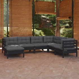 7-piece garden furniture set with black cushions, made of solid pine wood. by vidaXL, Garden sets - Ref: Foro24-3096566, Pric...