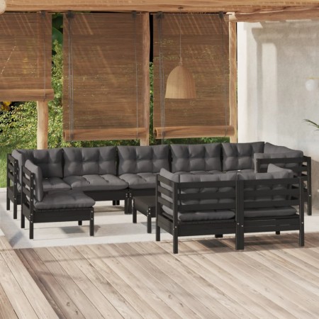 Muebles de jardín 10 pzas con cojines negro madera maciza pino de vidaXL, Conjuntos de jardín - Ref: Foro24-3096536, Precio: ...