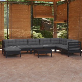 9-piece garden furniture set with black cushions, made of solid pine wood. by vidaXL, Garden sets - Ref: Foro24-3096669, Pric...