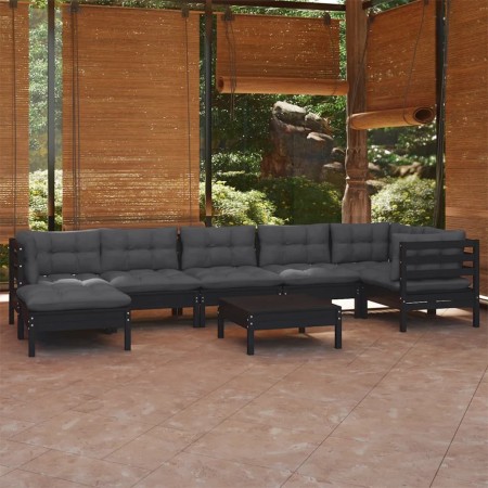 Muebles de jardín 8 pzas y cojines negro madera maciza de pino de vidaXL, Conjuntos de jardín - Ref: Foro24-3096560, Precio: ...