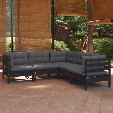 Muebles de jardín 5 pzas con cojines negro madera maciza pino de vidaXL, Conjuntos de jardín - Ref: Foro24-3096675, Precio: 4...