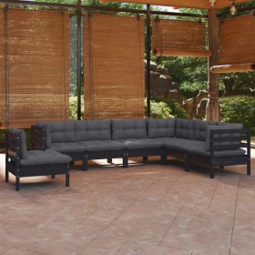 Muebles de jardín 7 pzas y cojines negro madera maciza de pino de vidaXL, Conjuntos de jardín - Ref: Foro24-3096723, Precio: ...