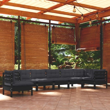 Garden furniture 8 pieces and cushions black solid pine wood by vidaXL, Garden sets - Ref: Foro24-3096735, Price: 800,20 €, D...