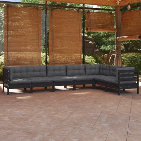 Muebles de jardín 7 pzas y cojines negro madera maciza de pino de vidaXL, Conjuntos de jardín - Ref: Foro24-3096699, Precio: ...