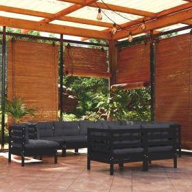 Muebles de jardín 9 pzas y cojines negro madera maciza de pino de vidaXL, Conjuntos de jardín - Ref: Foro24-3096771, Precio: ...