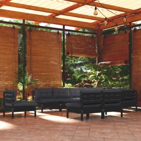 Muebles de jardín 10 pzas y cojines negro madera maciza de pino de vidaXL, Conjuntos de jardín - Ref: Foro24-3096759, Precio:...