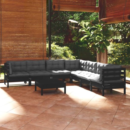 Muebles de jardín 8 pzas con cojines negro madera maciza pino de vidaXL, Conjuntos de jardín - Ref: Foro24-3096801, Precio: 7...