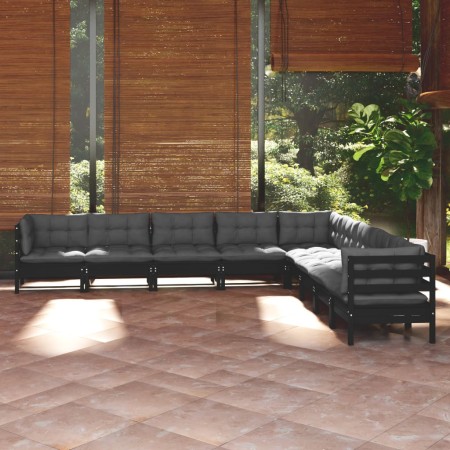 Muebles de jardín 9 pzas y cojines negro madera maciza de pino de vidaXL, Conjuntos de jardín - Ref: Foro24-3096819, Precio: ...