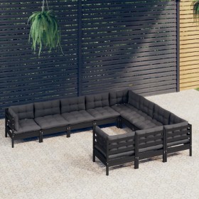 Muebles de jardín 10 pzas con cojines negro madera de pino de vidaXL, Conjuntos de jardín - Ref: Foro24-3096999, Precio: 956,...