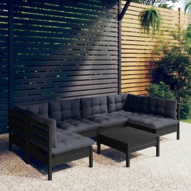 Garden furniture 7 pieces and cushions black solid pine wood by vidaXL, Garden sets - Ref: Foro24-3097161, Price: 630,19 €, D...