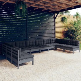 Garden furniture 10 pieces and gray cushions solid pine wood by vidaXL, Garden sets - Ref: Foro24-3097189, Price: 959,01 €, D...