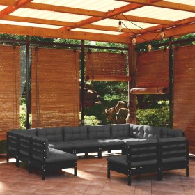 Muebles de jardín 11 pzas y cojines negro madera maciza de pino de vidaXL, Conjuntos de jardín - Ref: Foro24-3097215, Precio:...