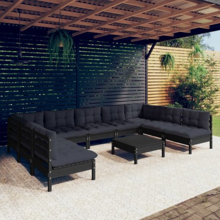 Garden furniture 10 pieces and cushions black solid pine wood by vidaXL, Garden sets - Ref: Foro24-3097185, Price: 987,07 €, ...