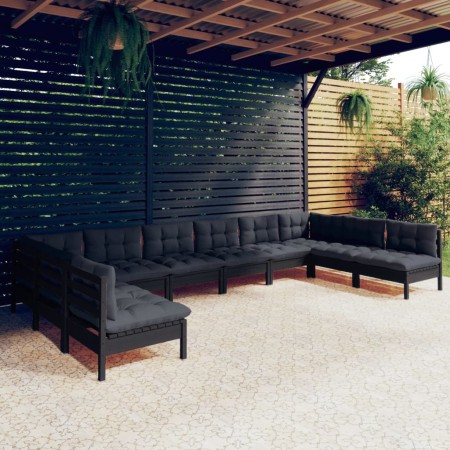 Garden furniture 10 pieces and cushions black solid pine wood by vidaXL, Garden sets - Ref: Foro24-3097191, Price: 953,33 €, ...