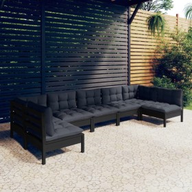 Garden furniture 7 pieces and cushions black solid pine wood by vidaXL, Garden sets - Ref: Foro24-3097167, Price: 648,81 €, D...