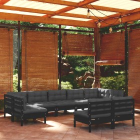 Muebles de jardín 9 pzas y cojines negro madera maciza de pino de vidaXL, Conjuntos de jardín - Ref: Foro24-3097203, Precio: ...