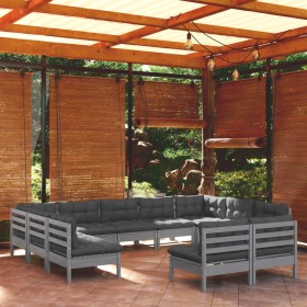 Muebles de jardín 11 pzas y cojines gris madera maciza de pino de vidaXL, Conjuntos de jardín - Ref: Foro24-3097213, Precio: ...