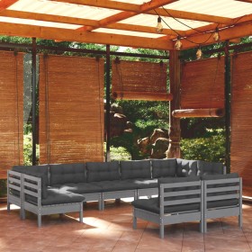 Muebles de jardín 9 pzas y cojines gris madera maciza de pino de vidaXL, Conjuntos de jardín - Ref: Foro24-3097201, Precio: 8...