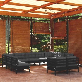 Muebles de jardín 11 pzas y cojines negro madera maciza de pino de vidaXL, Conjuntos de jardín - Ref: Foro24-3097263, Precio:...