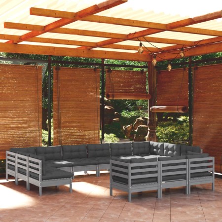 Juego de muebles de jardín 13 pzas y cojines madera pino gris de vidaXL, Conjuntos de jardín - Ref: Foro24-3097285, Precio: 1...