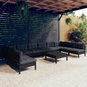 Garden furniture set, 11 pieces, with black cushions, made of solid pine wood. by vidaXL, Garden sets - Ref: Foro24-3097197, ...