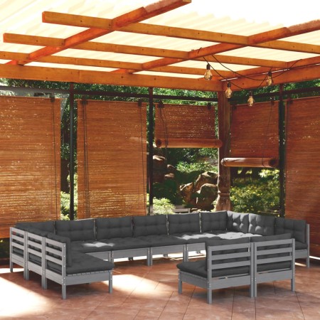 Muebles de jardín 12 pzas y cojines madera maciza de pino gris de vidaXL, Conjuntos de jardín - Ref: Foro24-3097225, Precio: ...