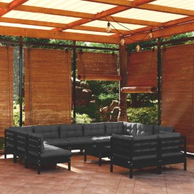 Muebles de jardín 12 pzas con cojines negro madera maciza pino de vidaXL, Conjuntos de jardín - Ref: Foro24-3097269, Precio: ...