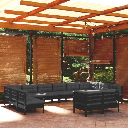 Garden furniture 12 pieces and cushions black solid pine wood by vidaXL, Garden sets - Ref: Foro24-3097275, Price: 1,00 €, Di...