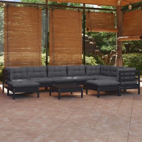 Muebles de jardín 10 pzas con cojines negro madera maciza pino de vidaXL, Conjuntos de jardín - Ref: Foro24-3096717, Precio: ...