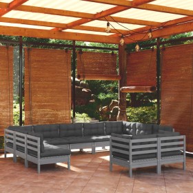 Muebles de jardín 11 pzas y cojines gris madera maciza de pino de vidaXL, Conjuntos de jardín - Ref: Foro24-3097261, Precio: ...