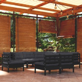 Garden furniture 9 pieces and cushions black solid pine wood by vidaXL, Garden sets - Ref: Foro24-3096747, Price: 878,22 €, D...