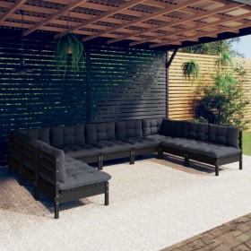 Garden furniture 9 pieces and cushions black solid pine wood by vidaXL, Garden sets - Ref: Foro24-3097179, Price: 875,57 €, D...