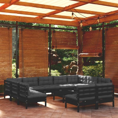 Garden furniture 12 pieces and cushions black solid pine wood by vidaXL, Garden sets - Ref: Foro24-3097221, Price: 1,00 €, Di...