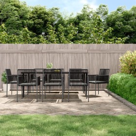 Garten-Essgruppe, 9-teilig, mit Kissen aus schwarzem synthetischem Rattanstahl von vidaXL, Gartensets - Ref: Foro24-3187072, ...