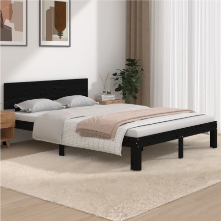 Black solid wood double bed frame 135x190 cm by vidaXL, Beds and slatted bases - Ref: Foro24-810474, Price: 180,79 €, Discoun...