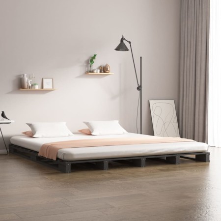 Cama de palets de madera maciza de pino gris 135x190 cm de vidaXL, Camas y somieres - Ref: Foro24-821434, Precio: 169,99 €, D...