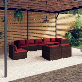 Set muebles de jardín 9 piezas y cojines ratán sintético marrón de vidaXL, Conjuntos de jardín - Ref: Foro24-3102627, Precio:...